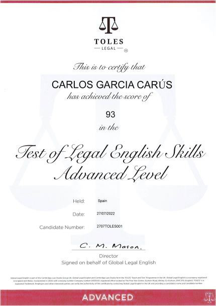 TOLES - Advanced - Sample Certificate